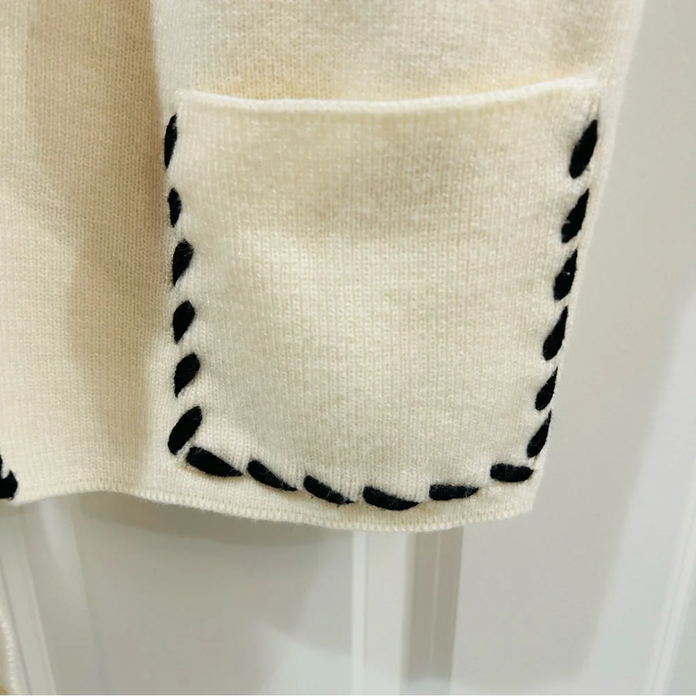 Vintage Cream Knit Cardigan Whipstitch Black Trim Vest Sleeveless
